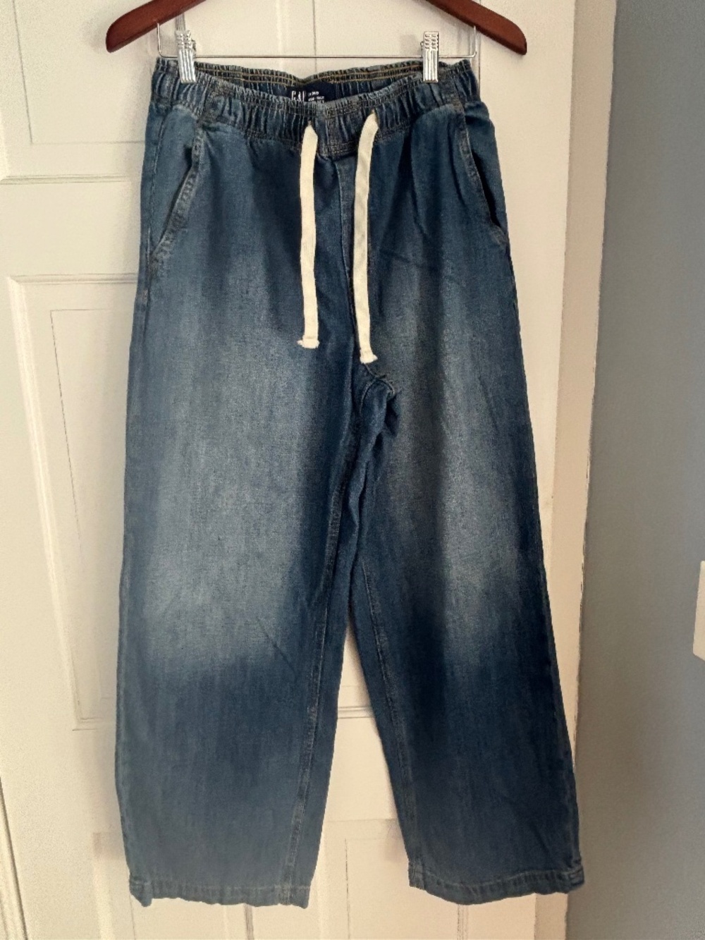 Gap High Rise Wide Leg Pull On Denim Jeans Drawstring Elastic Waist M Long